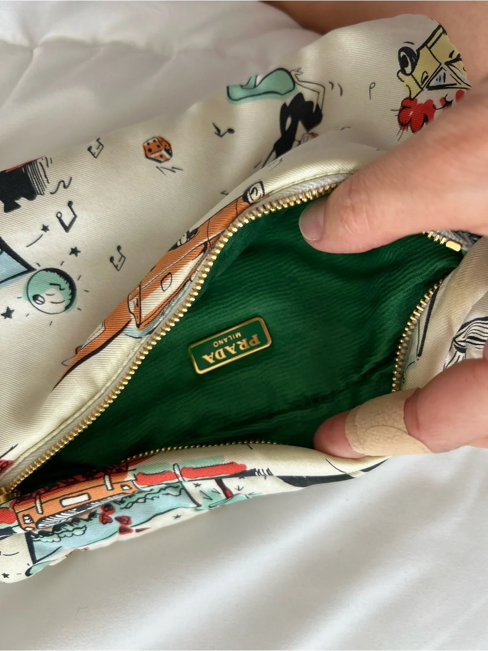 Prada Cream Silk Automotive Print Accent Pillow with Red & Teal Details